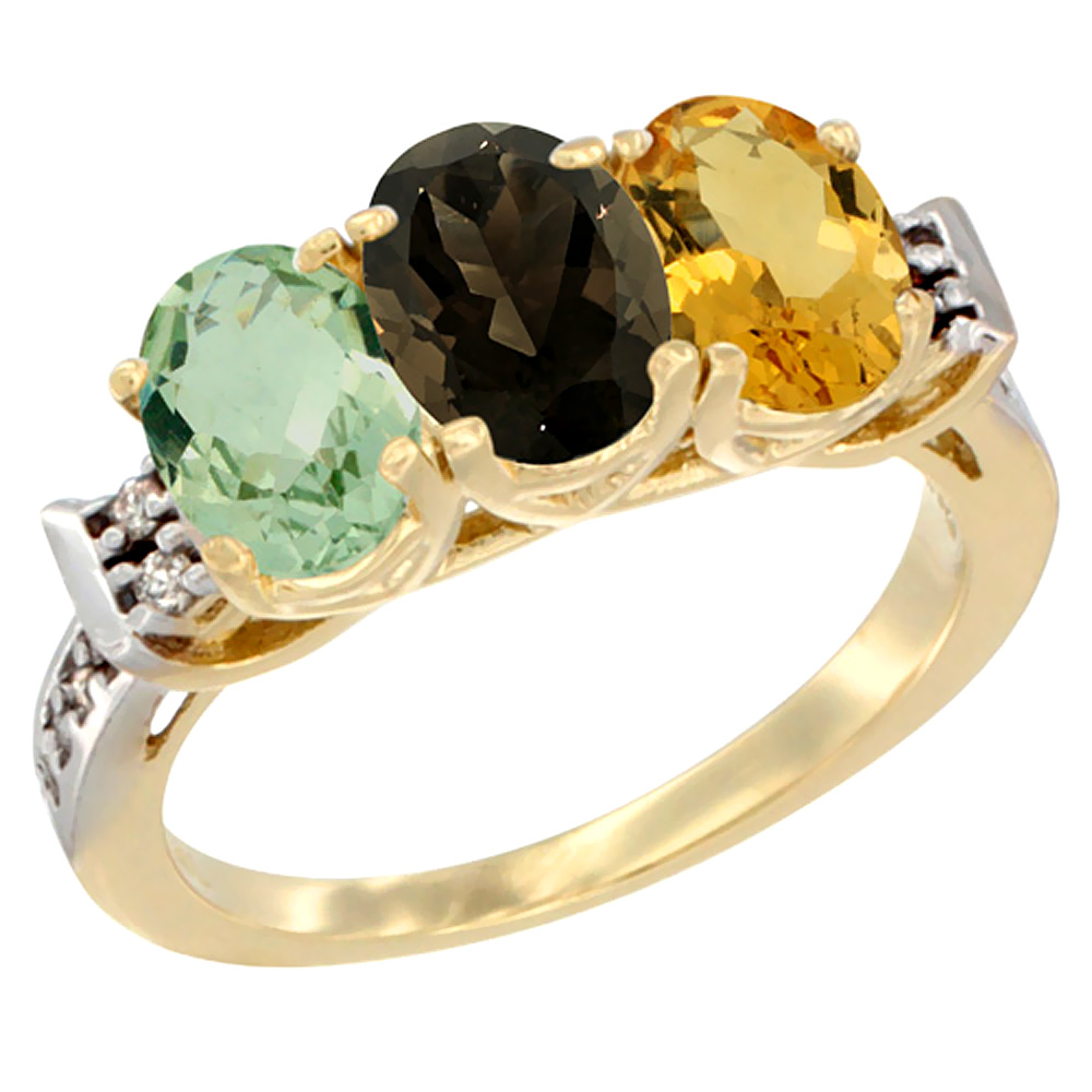 14K Yellow Gold Natural Green Amethyst, Smoky Topaz & Citrine Ring 3-Stone 7x5 mm Oval Diamond Accent, sizes 5 - 10