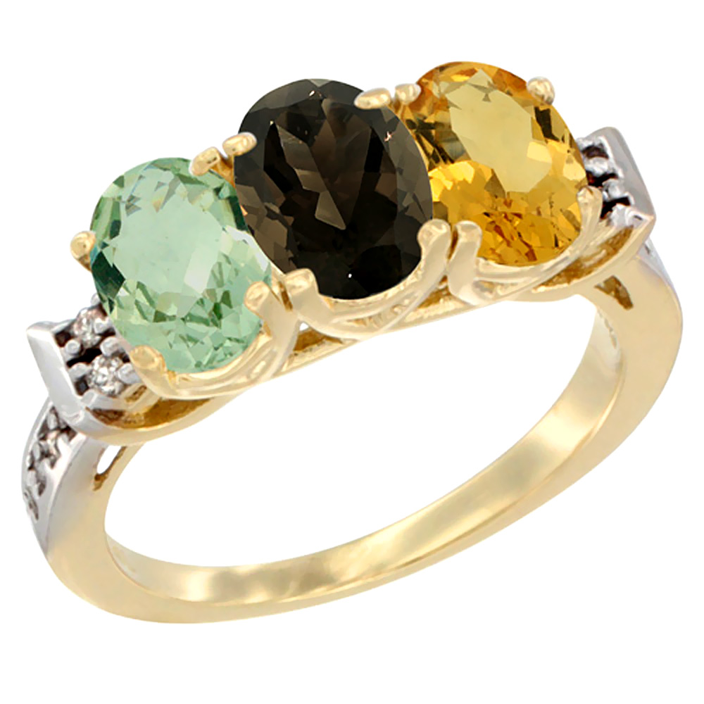 14K Yellow Gold Natural Green Amethyst, Smoky Topaz &amp; Citrine Ring 3-Stone 7x5 mm Oval Diamond Accent, sizes 5 - 10