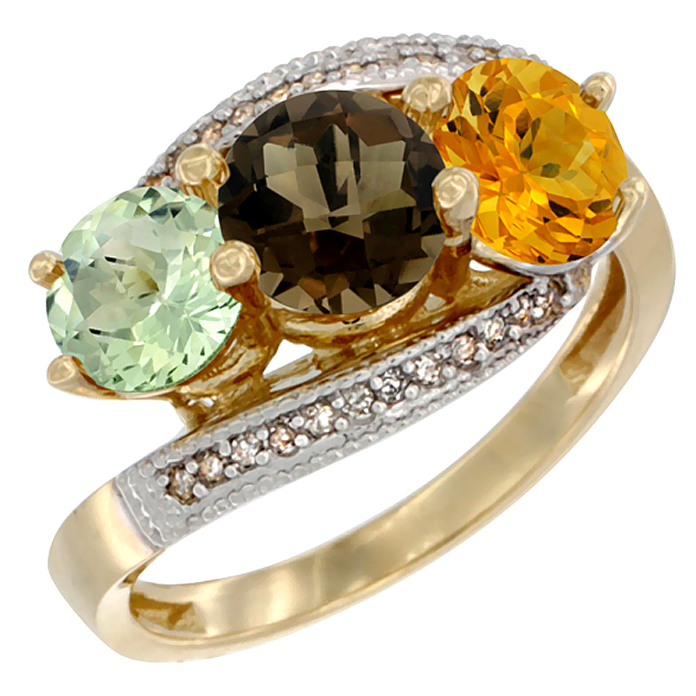 10K Yellow Gold Natural Green Amethyst, Smoky Topaz &amp; Citrine 3 stone Ring Round 6mm Diamond Accent, sizes 5 - 10