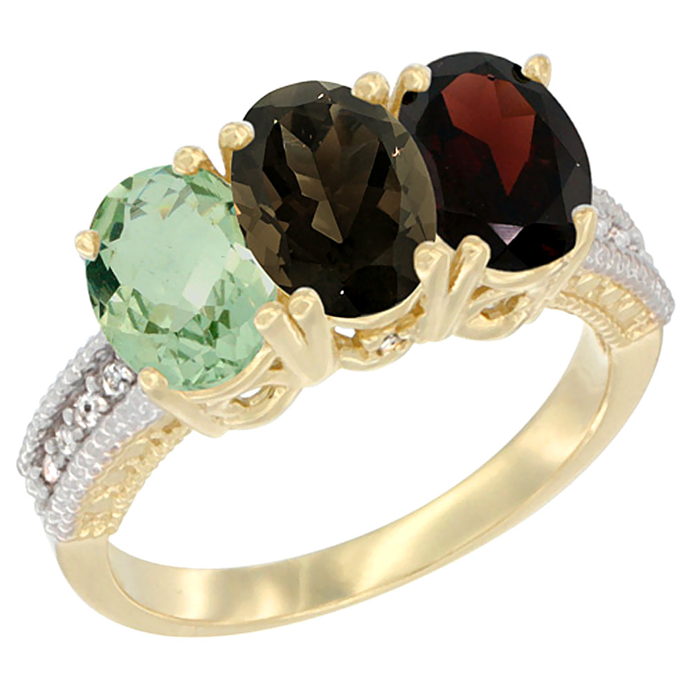 10K Yellow Gold Diamond Natural Green Amethyst, Smoky Topaz & Garnet Ring Oval 3-Stone 7x5 mm,sizes 5-10