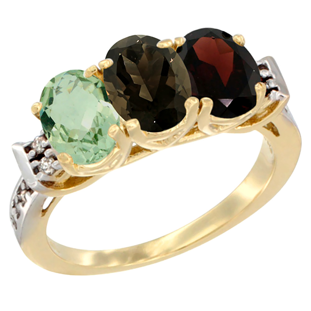 10K Yellow Gold Natural Green Amethyst, Smoky Topaz & Garnet Ring 3-Stone Oval 7x5 mm Diamond Accent, sizes 5 - 10