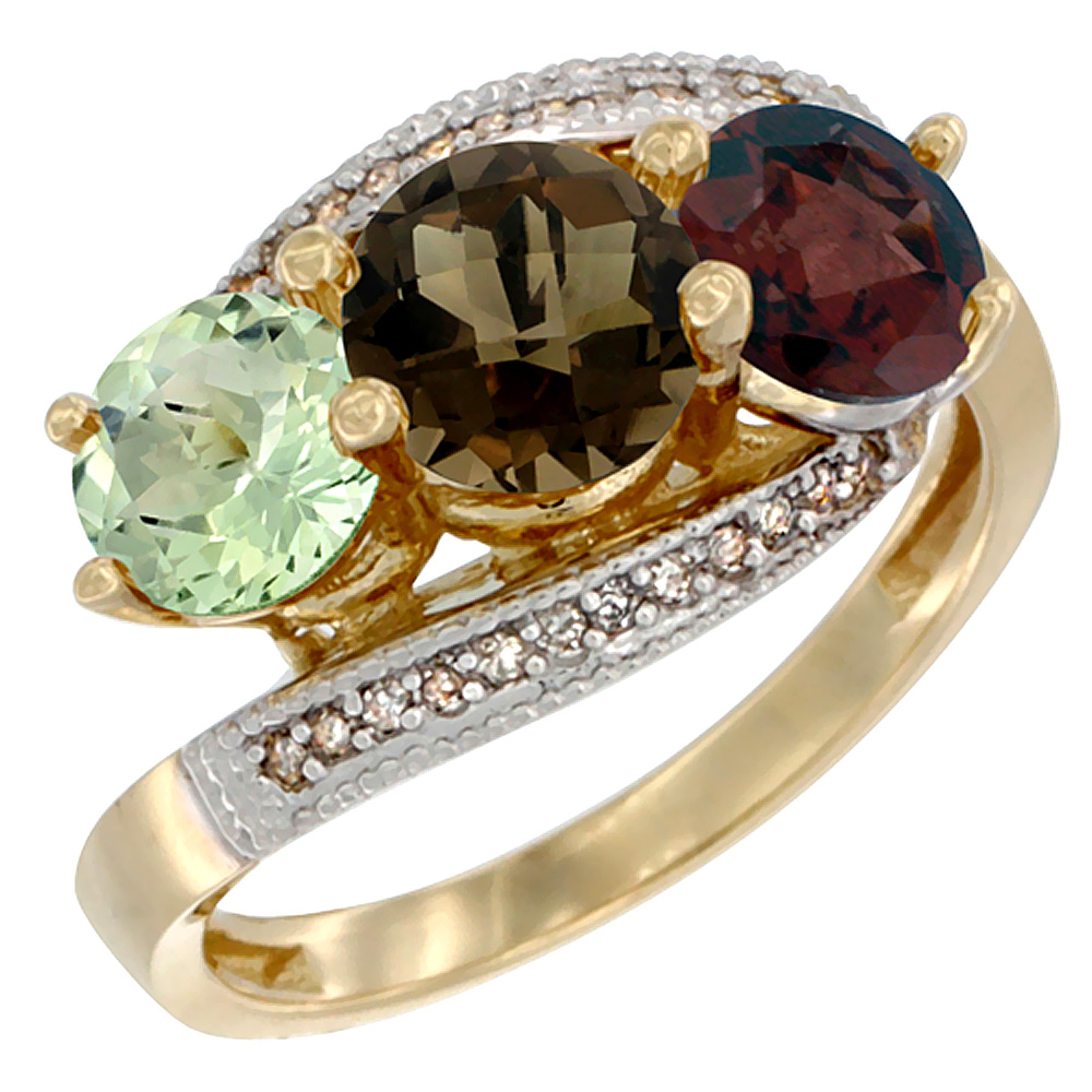 10K Yellow Gold Natural Green Amethyst, Smoky Topaz & Garnet 3 stone Ring Round 6mm Diamond Accent, sizes 5 - 10