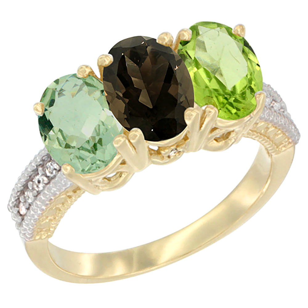 14K Yellow Gold Natural Green Amethyst, Smoky Topaz &amp; Peridot Ring 3-Stone 7x5 mm Oval Diamond Accent, sizes 5 - 10