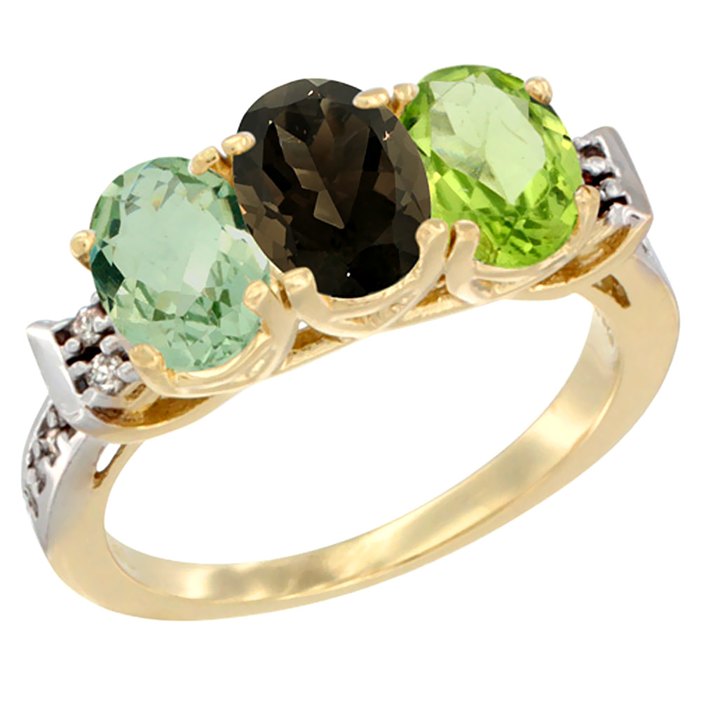 10K Yellow Gold Natural Green Amethyst, Smoky Topaz & Peridot Ring 3-Stone Oval 7x5 mm Diamond Accent, sizes 5 - 10