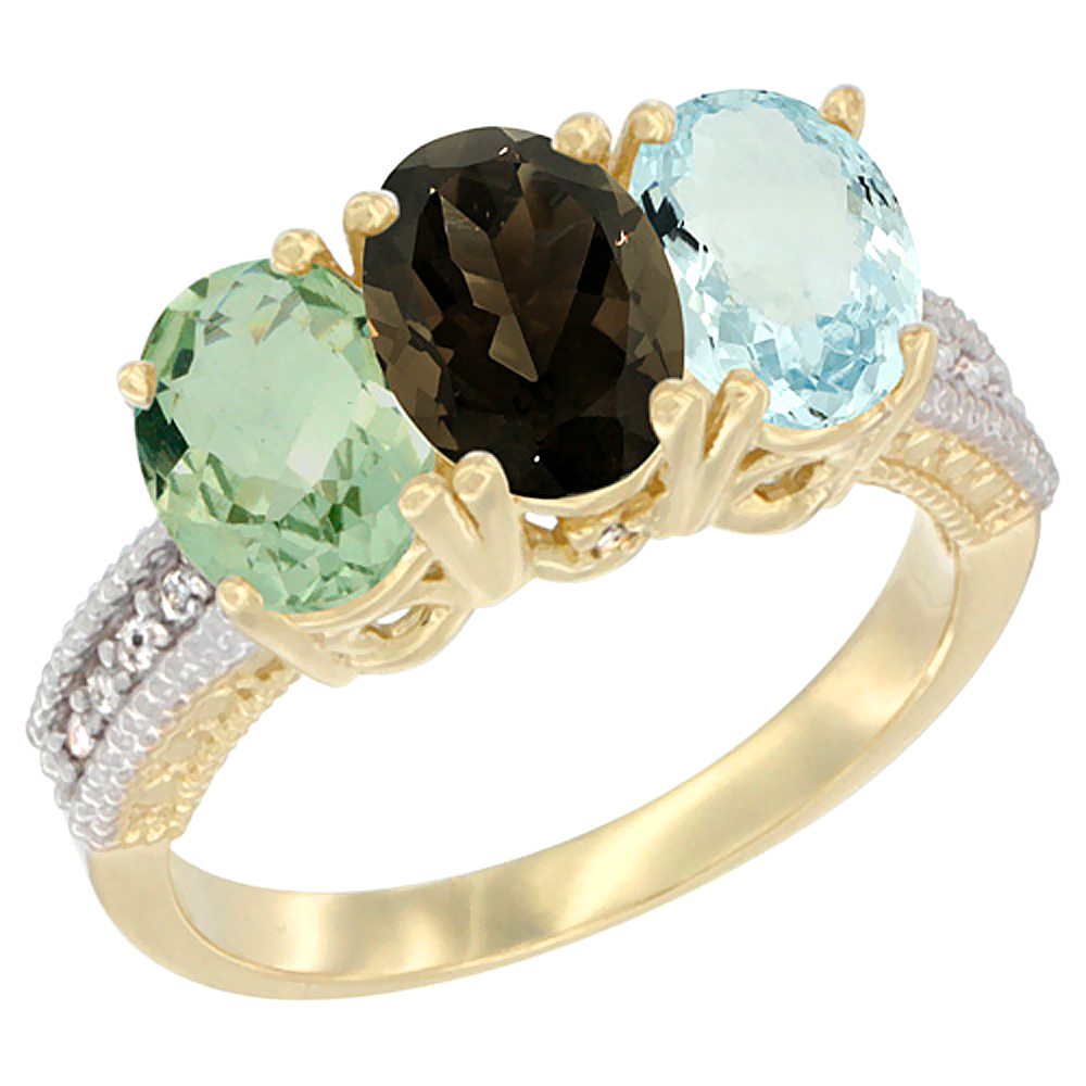 14K Yellow Gold Natural Green Amethyst, Smoky Topaz & Aquamarine Ring 3-Stone 7x5 mm Oval Diamond Accent, sizes 5 - 10