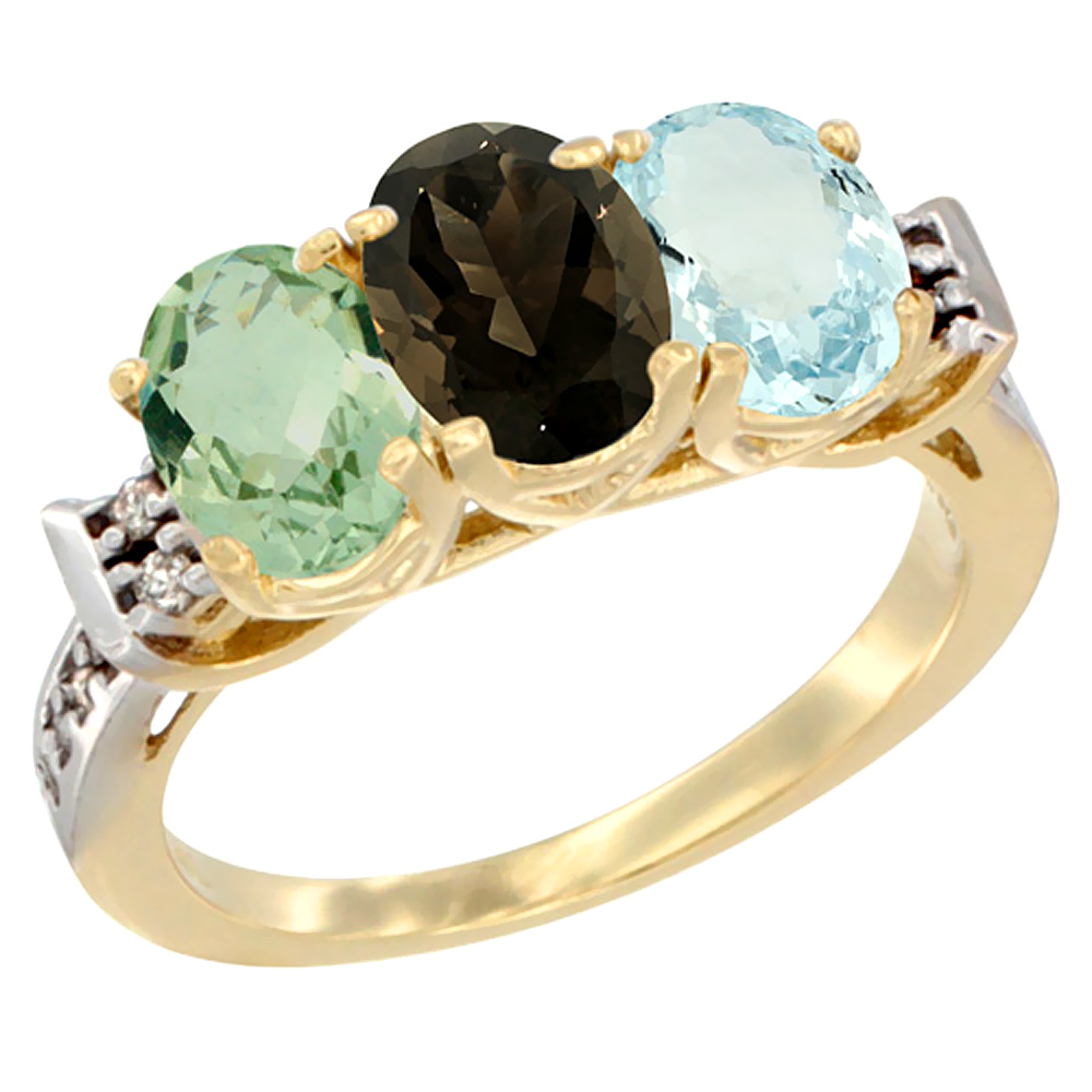 10K Yellow Gold Natural Green Amethyst, Smoky Topaz & Aquamarine Ring 3-Stone Oval 7x5 mm Diamond Accent, sizes 5 - 10