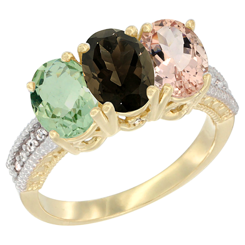 14K Yellow Gold Natural Green Amethyst, Smoky Topaz & Morganite Ring 3-Stone 7x5 mm Oval Diamond Accent, sizes 5 - 10