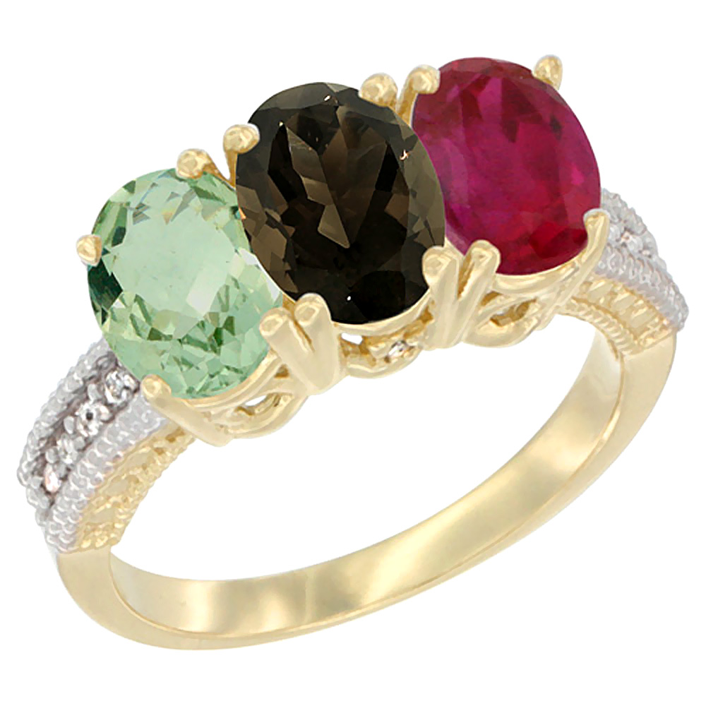 10K Yellow Gold Diamond Natural Green Amethyst, Smoky Topaz & Enhanced Ruby Ring Oval 3-Stone 7x5 mm,sizes 5-10