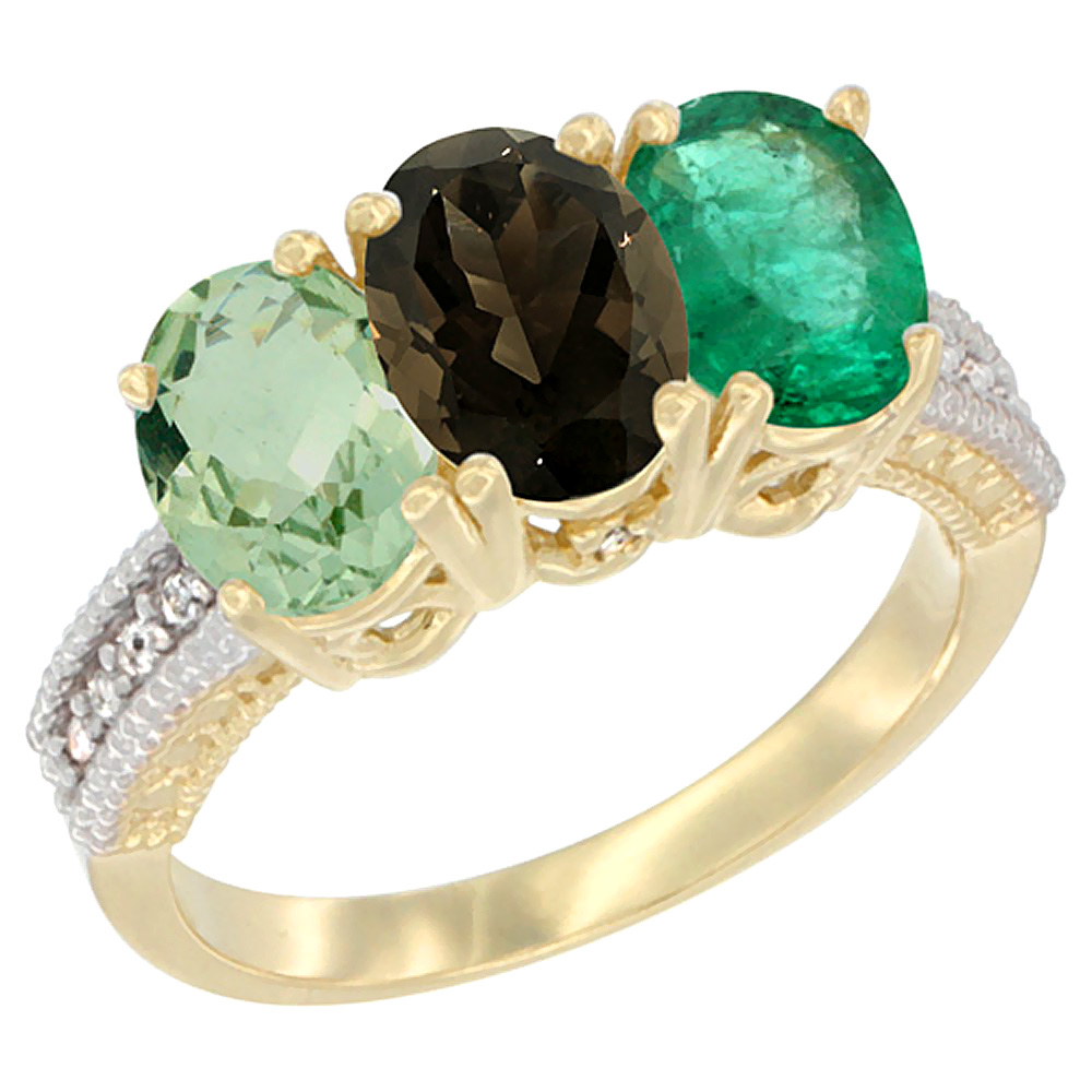 14K Yellow Gold Natural Green Amethyst, Smoky Topaz & Emerald Ring 3-Stone 7x5 mm Oval Diamond Accent, sizes 5 - 10