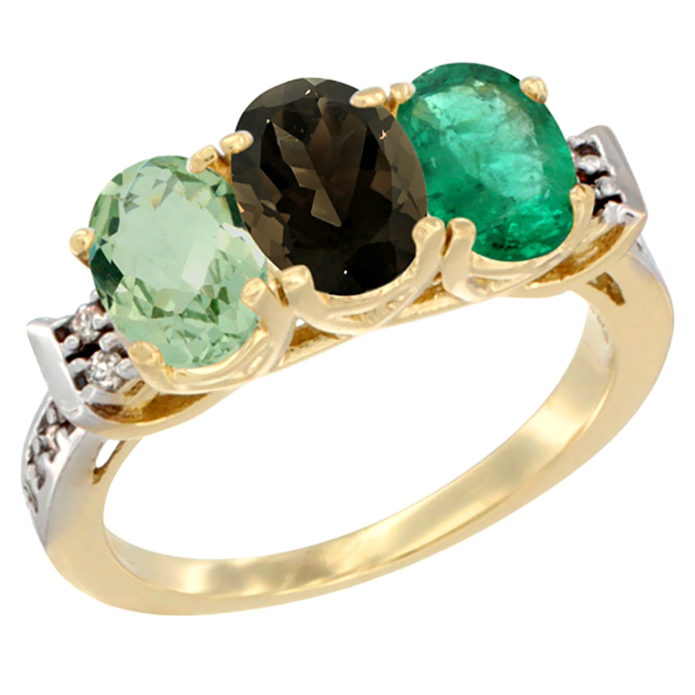 14K Yellow Gold Natural Green Amethyst, Smoky Topaz &amp; Emerald Ring 3-Stone 7x5 mm Oval Diamond Accent, sizes 5 - 10