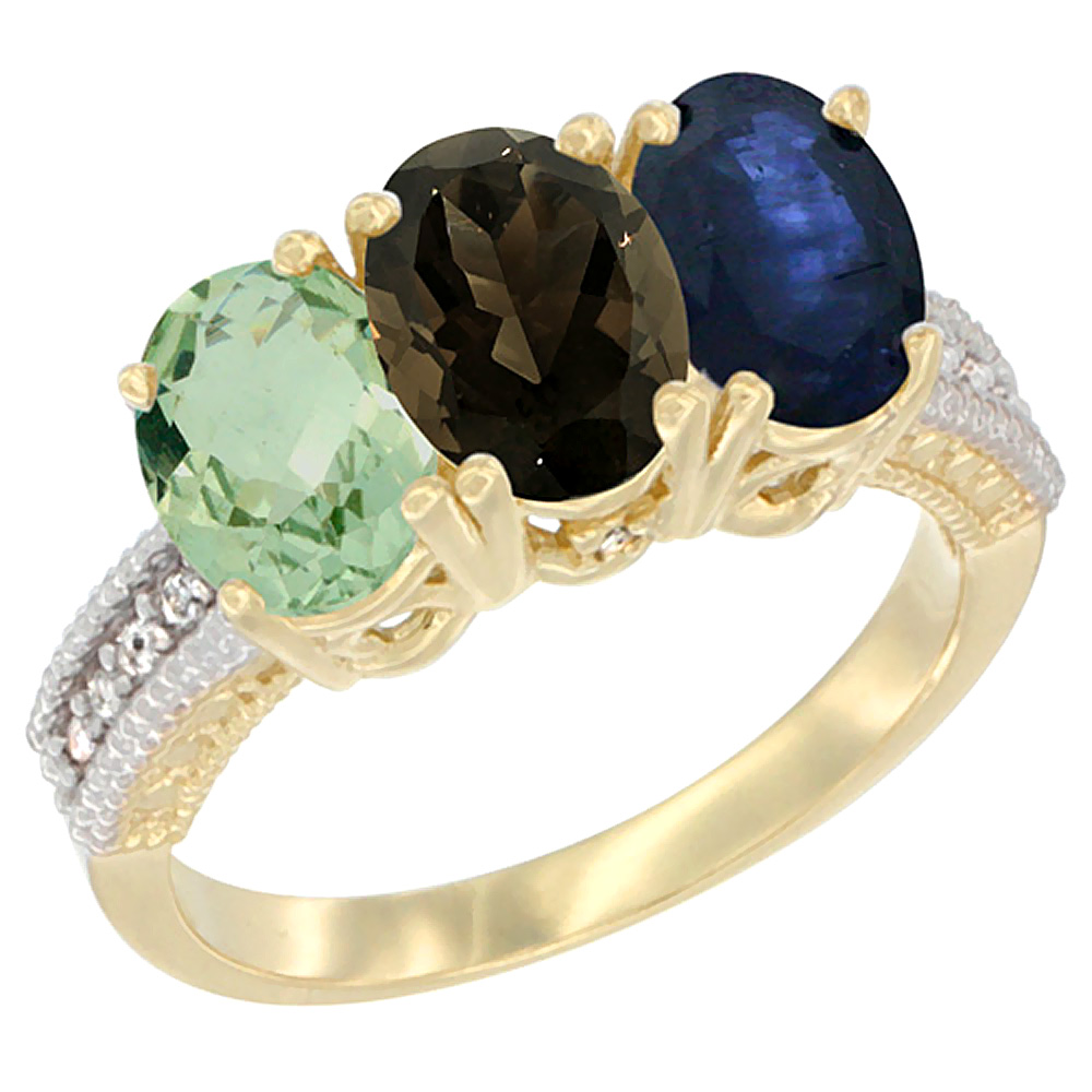 14K Yellow Gold Natural Green Amethyst, Smoky Topaz & Blue Sapphire Ring 3-Stone 7x5 mm Oval Diamond Accent, sizes 5 - 10