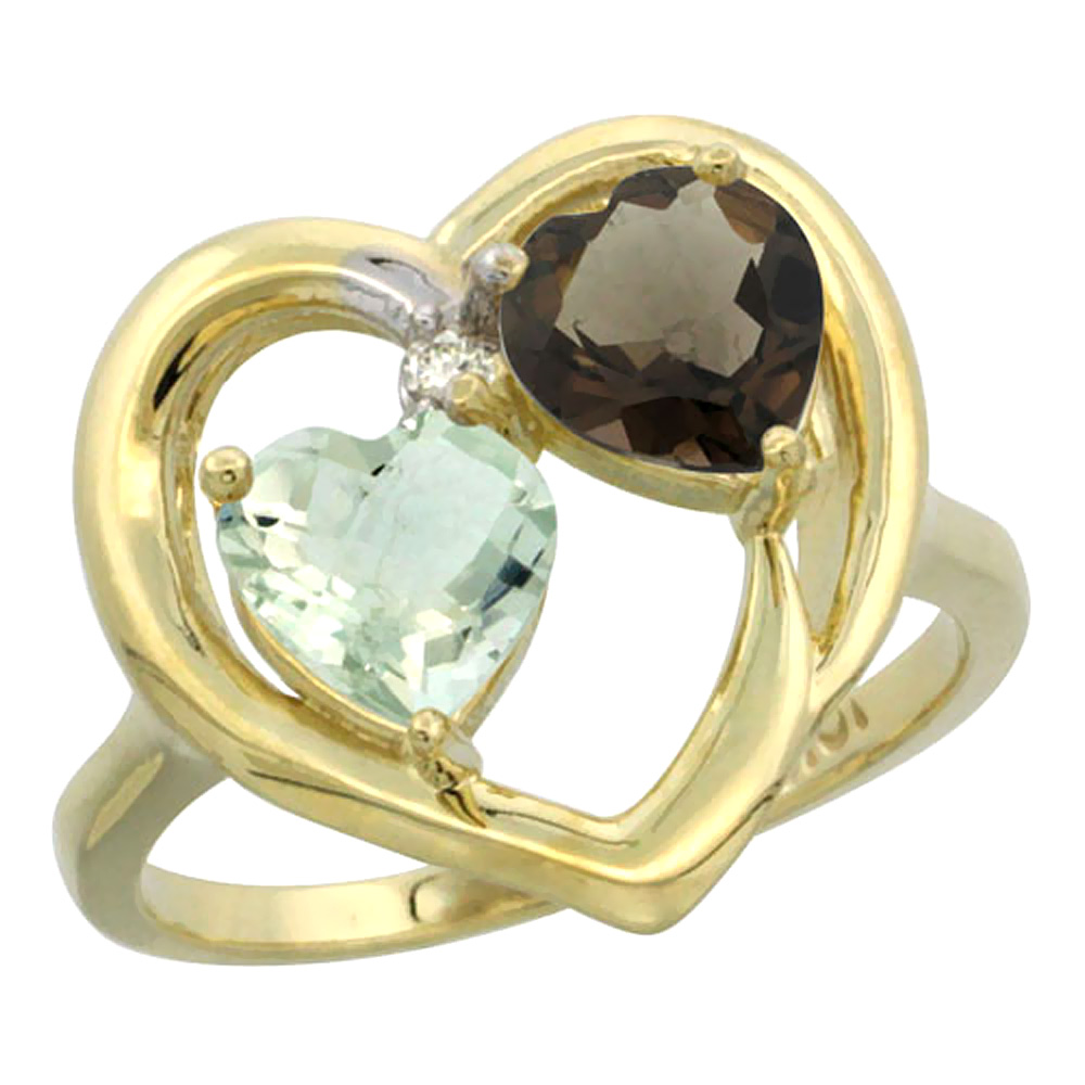 14K Yellow Gold Diamond Two-stone Heart Ring 6mm Natural Green Amethyst & Smoky Topaz, sizes 5-10