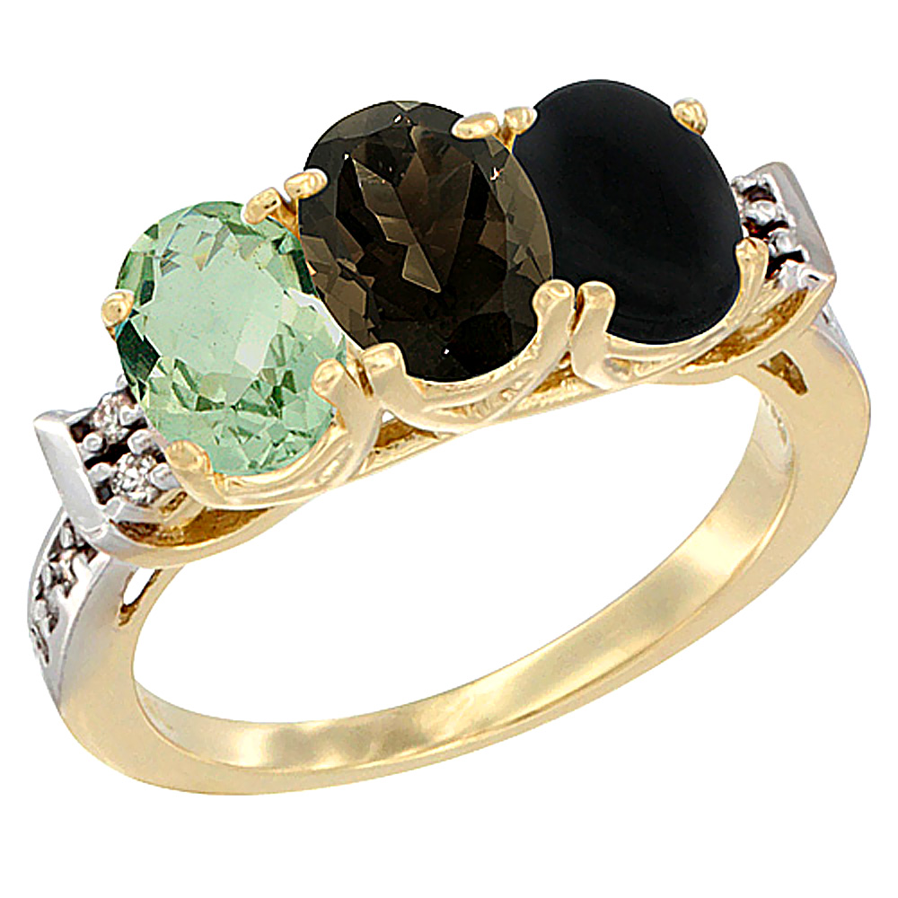 10K Yellow Gold Natural Green Amethyst, Smoky Topaz & Black Onyx Ring 3-Stone Oval 7x5 mm Diamond Accent, sizes 5 - 10