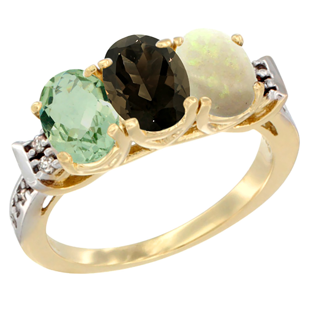 14K Yellow Gold Natural Green Amethyst, Smoky Topaz &amp; Opal Ring 3-Stone 7x5 mm Oval Diamond Accent, sizes 5 - 10