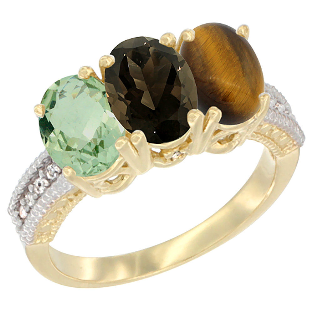 14K Yellow Gold Natural Green Amethyst, Smoky Topaz &amp; Tiger Eye Ring 3-Stone 7x5 mm Oval Diamond Accent, sizes 5 - 10