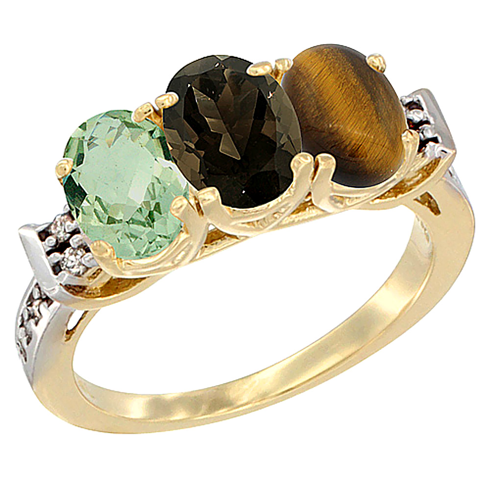 10K Yellow Gold Natural Green Amethyst, Smoky Topaz &amp; Tiger Eye Ring 3-Stone Oval 7x5 mm Diamond Accent, sizes 5 - 10