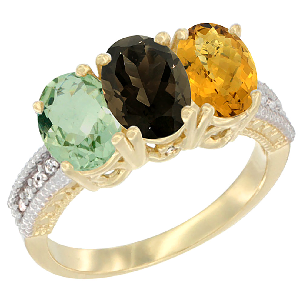 14K Yellow Gold Natural Green Amethyst, Smoky Topaz &amp; Whisky Quartz Ring 3-Stone 7x5 mm Oval Diamond Accent, sizes 5 - 10