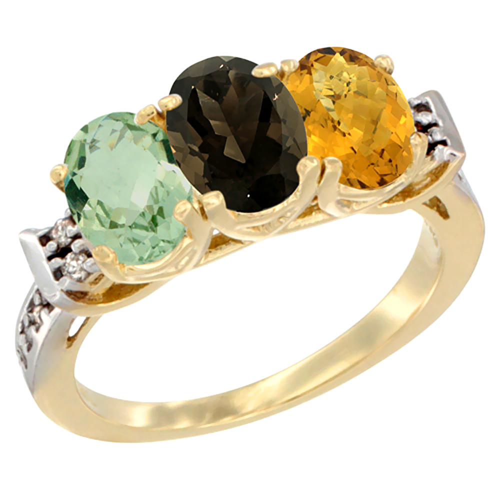 14K Yellow Gold Natural Green Amethyst, Smoky Topaz &amp; Whisky Quartz Ring 3-Stone 7x5 mm Oval Diamond Accent, sizes 5 - 10