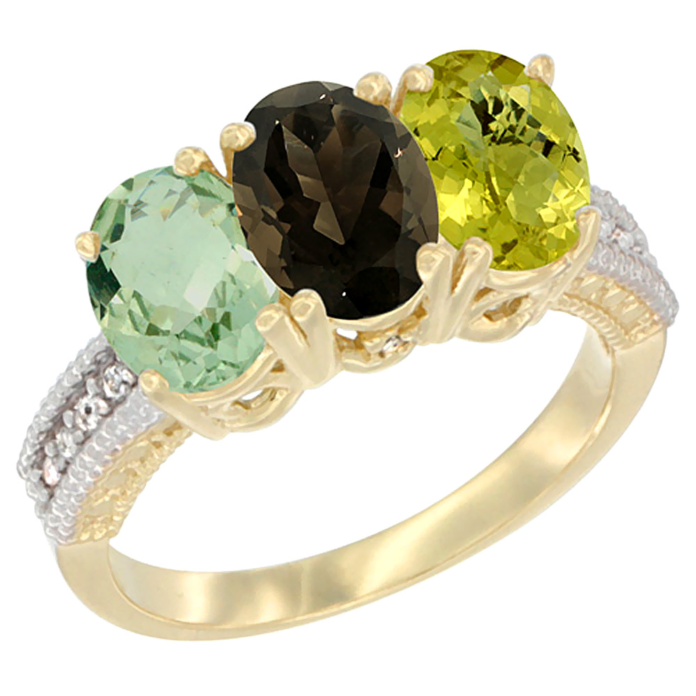 14K Yellow Gold Natural Green Amethyst, Smoky Topaz &amp; Lemon Quartz Ring 3-Stone 7x5 mm Oval Diamond Accent, sizes 5 - 10