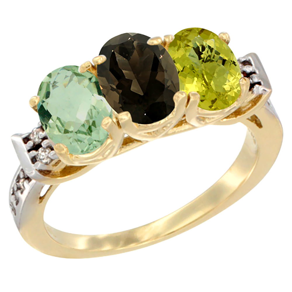 14K Yellow Gold Natural Green Amethyst, Smoky Topaz & Lemon Quartz Ring 3-Stone 7x5 mm Oval Diamond Accent, sizes 5 - 10