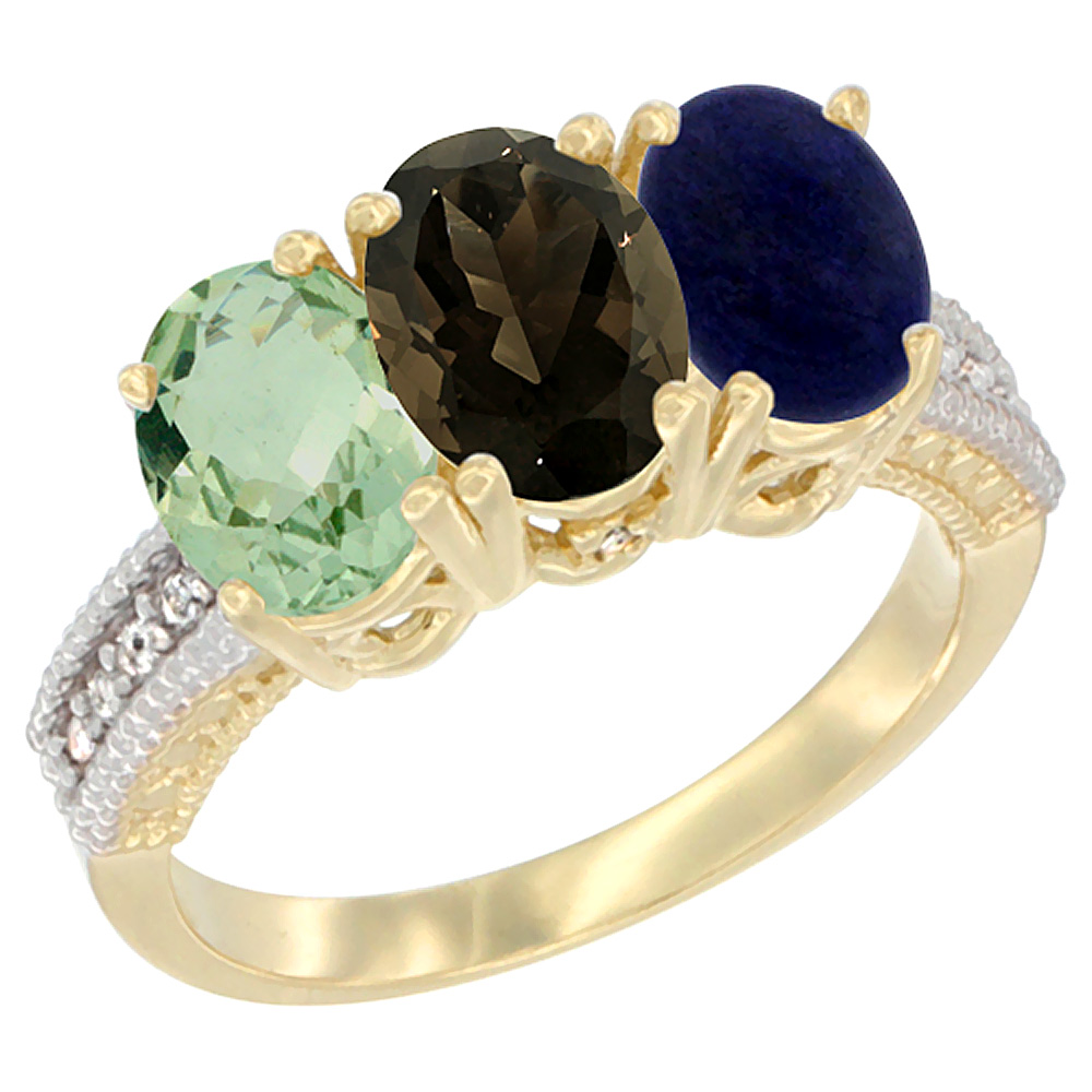 14K Yellow Gold Natural Green Amethyst, Smoky Topaz &amp; Lapis Ring 3-Stone 7x5 mm Oval Diamond Accent, sizes 5 - 10