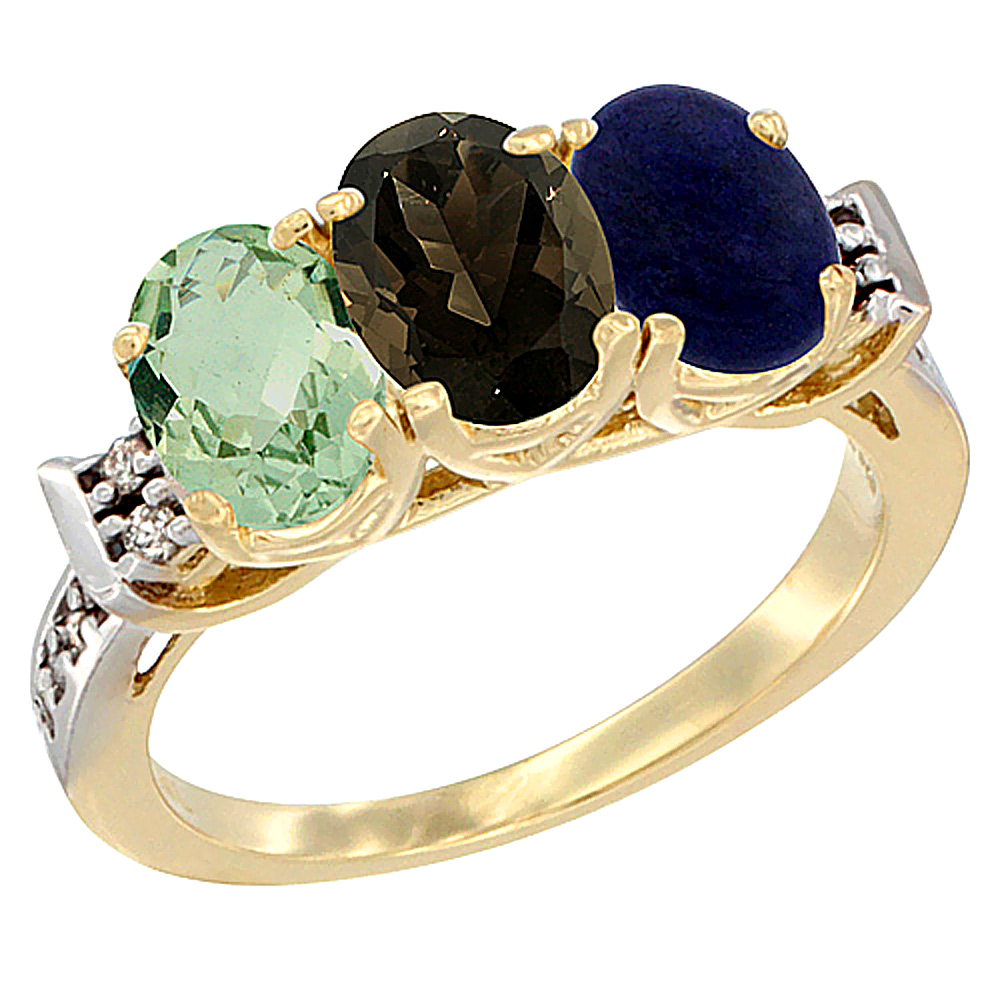 14K Yellow Gold Natural Green Amethyst, Smoky Topaz &amp; Lapis Ring 3-Stone 7x5 mm Oval Diamond Accent, sizes 5 - 10