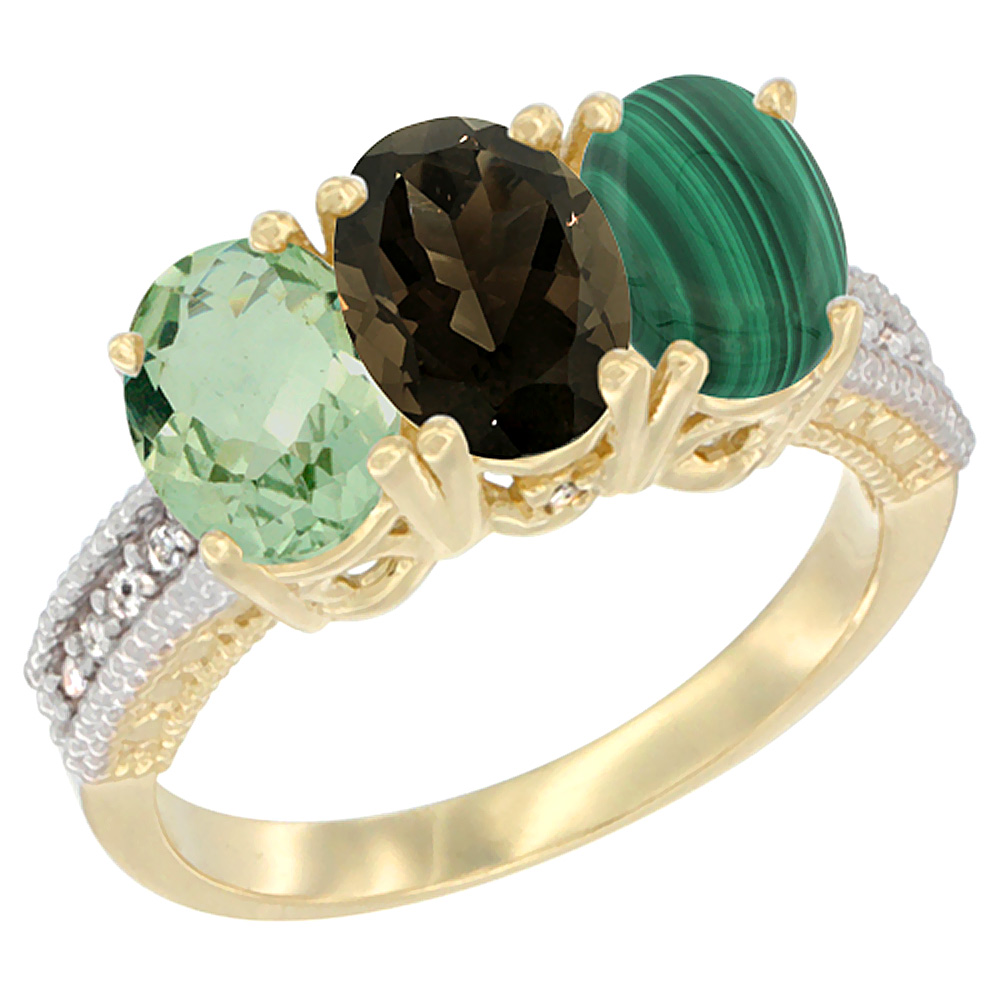 14K Yellow Gold Natural Green Amethyst, Smoky Topaz & Malachite Ring 3-Stone 7x5 mm Oval Diamond Accent, sizes 5 - 10