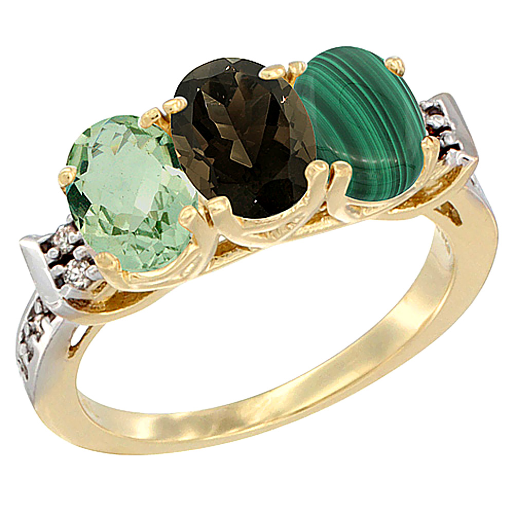 14K Yellow Gold Natural Green Amethyst, Smoky Topaz & Malachite Ring 3-Stone 7x5 mm Oval Diamond Accent, sizes 5 - 10