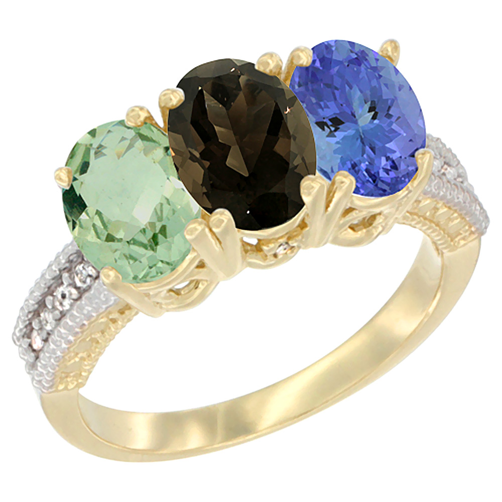 14K Yellow Gold Natural Green Amethyst, Smoky Topaz & Tanzanite Ring 3-Stone 7x5 mm Oval Diamond Accent, sizes 5 - 10