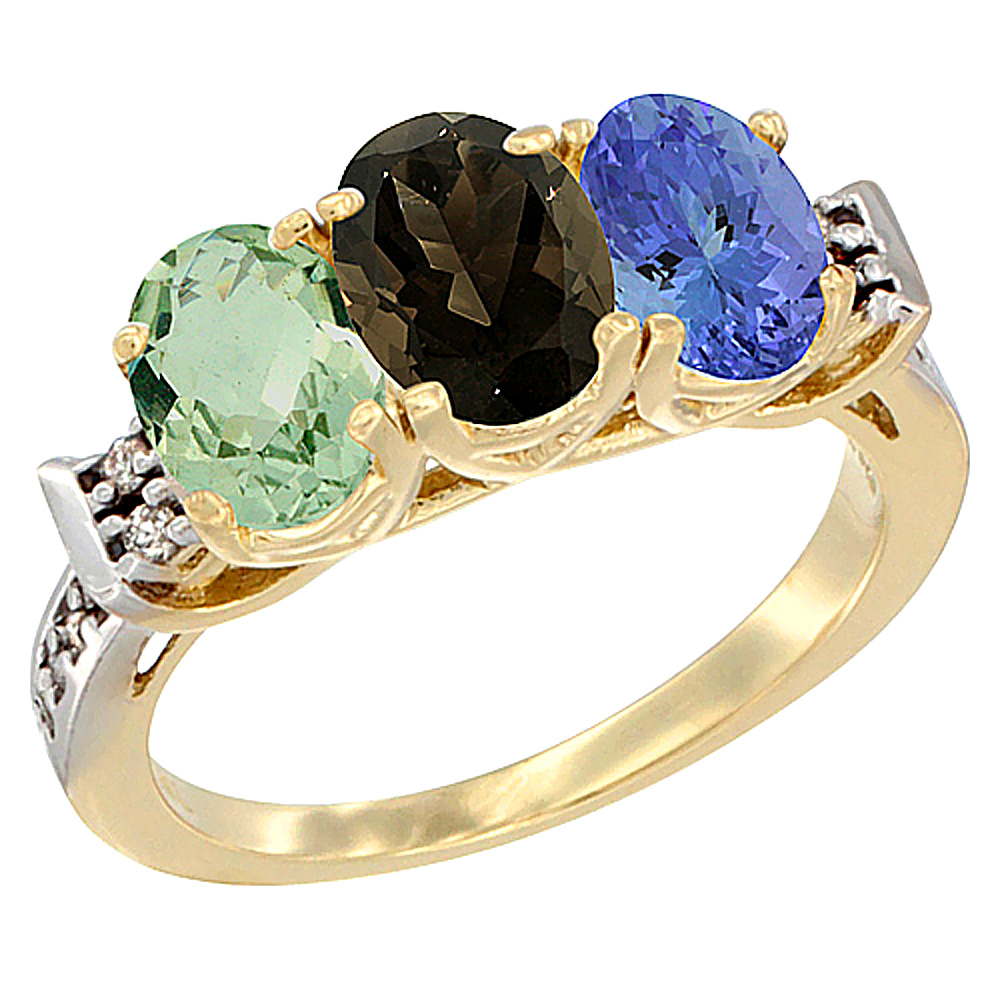 14K Yellow Gold Natural Green Amethyst, Smoky Topaz &amp; Tanzanite Ring 3-Stone 7x5 mm Oval Diamond Accent, sizes 5 - 10