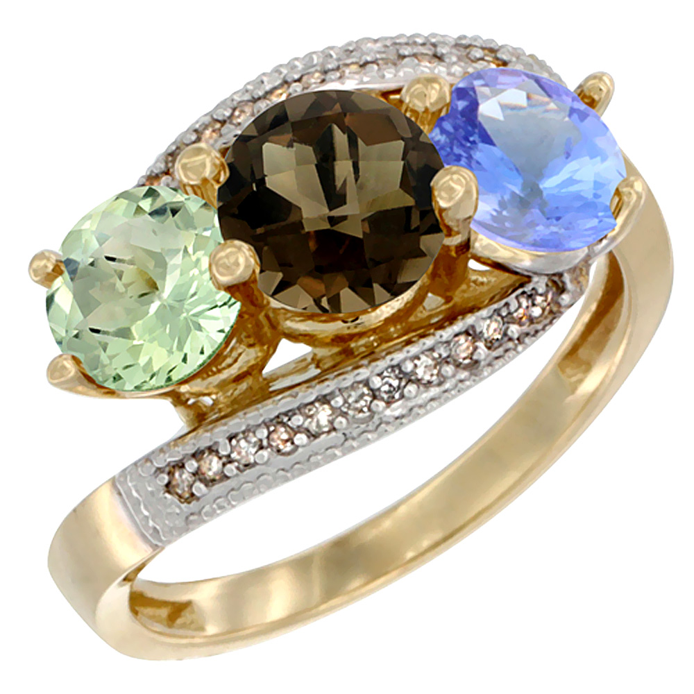 14K Yellow Gold Natural Green Amethyst, Smoky Topaz &amp; Tanzanite 3 stone Ring Round 6mm Diamond Accent, sizes 5 - 10