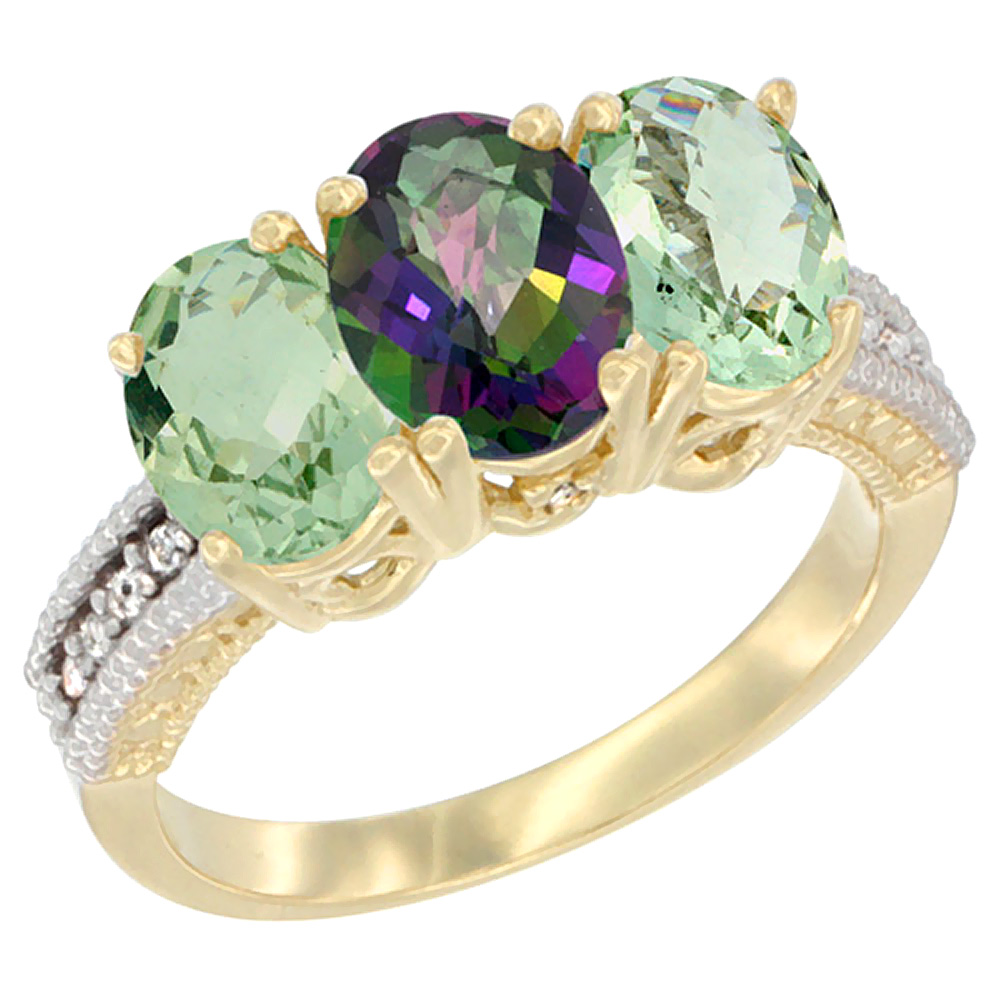 10K Yellow Gold Diamond Natural Mystic Topaz & Green Amethyst Ring Oval 3-Stone 7x5 mm,sizes 5-10