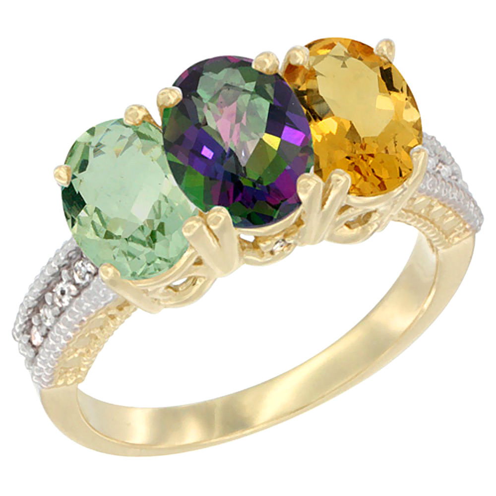 10K Yellow Gold Diamond Natural Green Amethyst, Mystic Topaz & Citrine Ring Oval 3-Stone 7x5 mm,sizes 5-10