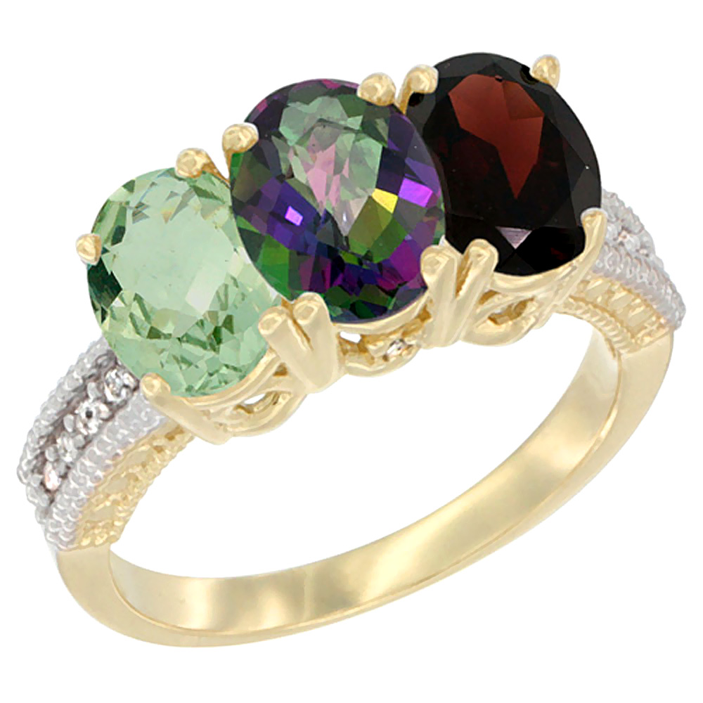 14K Yellow Gold Natural Green Amethyst, Mystic Topaz & Garnet Ring 3-Stone 7x5 mm Oval Diamond Accent, sizes 5 - 10