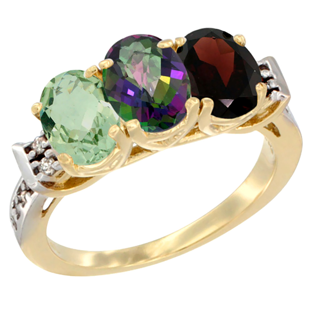 14K Yellow Gold Natural Green Amethyst, Mystic Topaz & Garnet Ring 3-Stone 7x5 mm Oval Diamond Accent, sizes 5 - 10