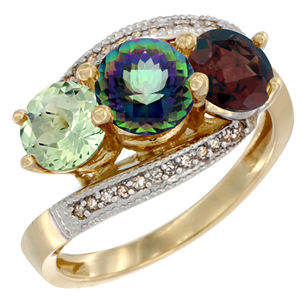 10K Yellow Gold Natural Green Amethyst, Mystic Topaz & Garnet 3 stone Ring Round 6mm Diamond Accent, sizes 5 - 10