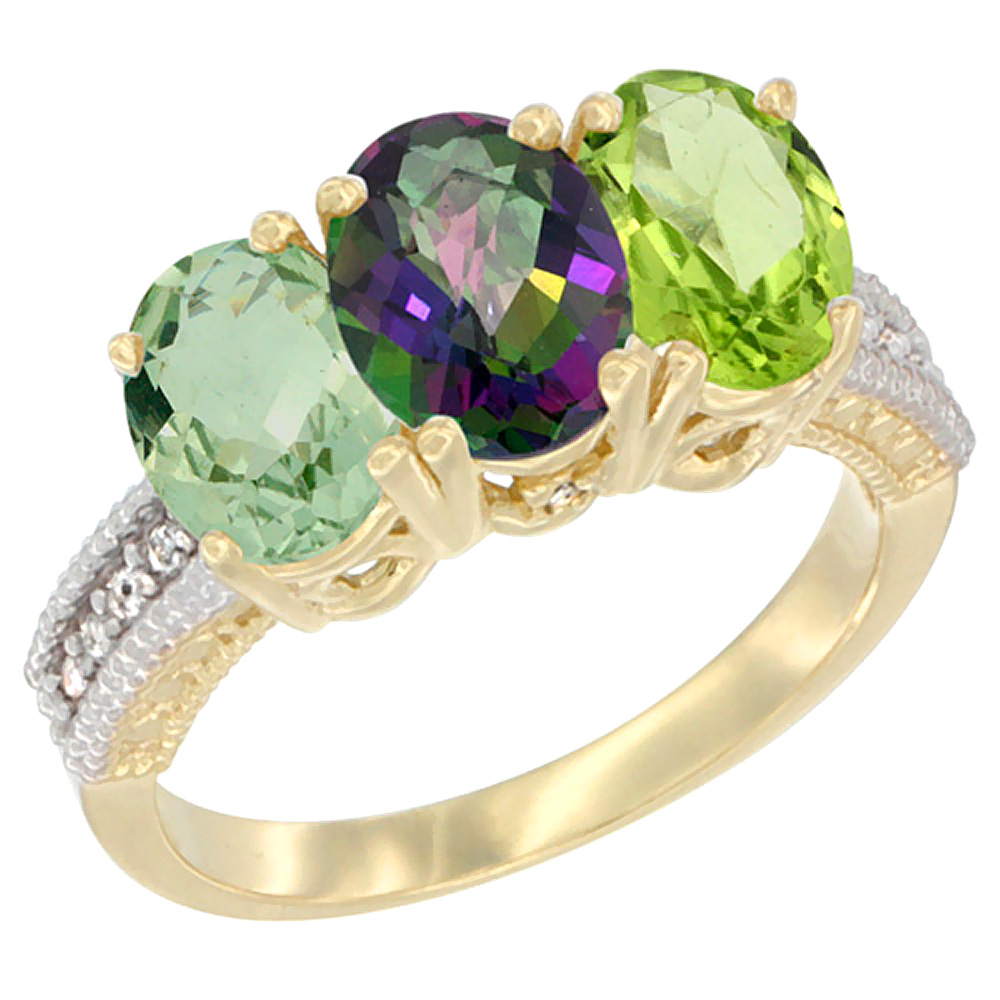 14K Yellow Gold Natural Green Amethyst, Mystic Topaz &amp; Peridot Ring 3-Stone 7x5 mm Oval Diamond Accent, sizes 5 - 10