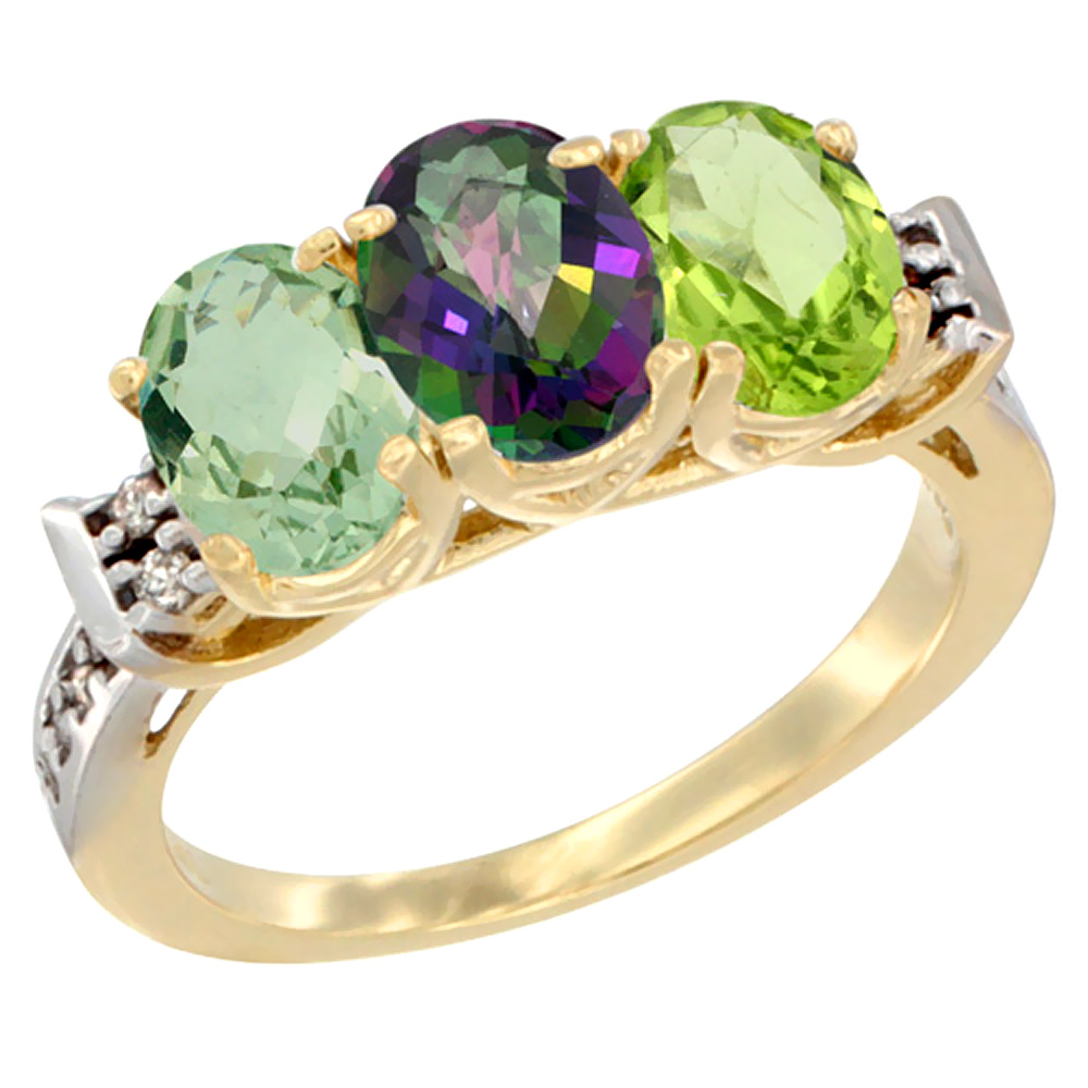 14K Yellow Gold Natural Green Amethyst, Mystic Topaz & Peridot Ring 3-Stone 7x5 mm Oval Diamond Accent, sizes 5 - 10