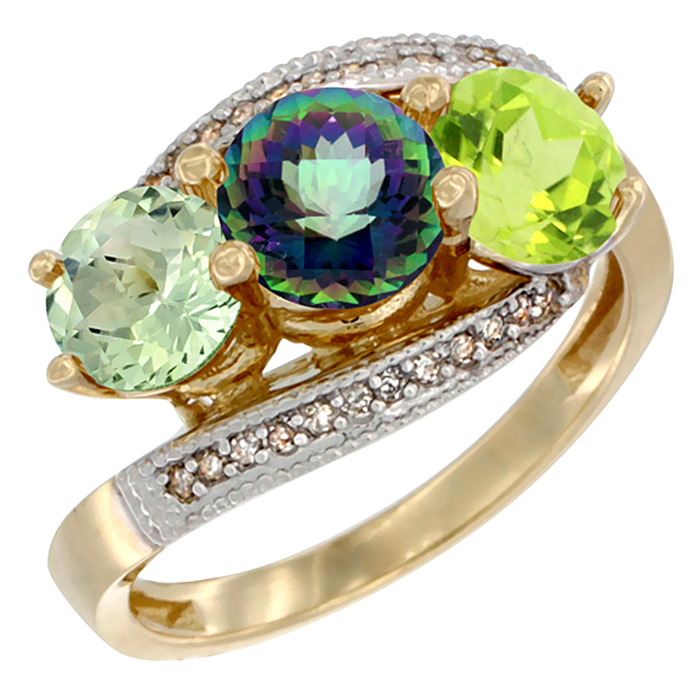 14K Yellow Gold Natural Green Amethyst, Mystic Topaz & Peridot 3 stone Ring Round 6mm Diamond Accent, sizes 5 - 10