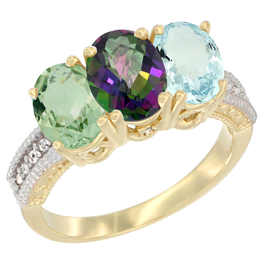 14K Yellow Gold Natural Green Amethyst, Mystic Topaz &amp; Aquamarine Ring 3-Stone 7x5 mm Oval Diamond Accent, sizes 5 - 10