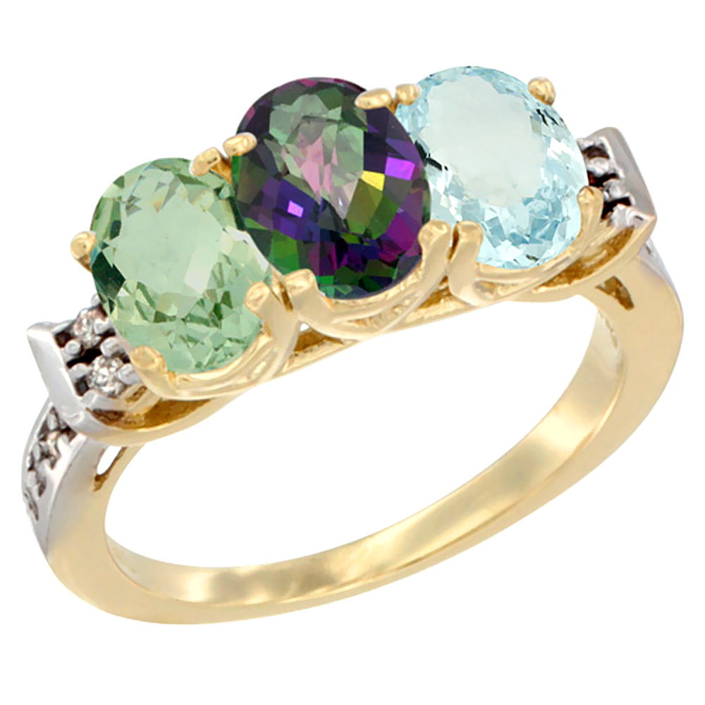 14K Yellow Gold Natural Green Amethyst, Mystic Topaz & Aquamarine Ring 3-Stone 7x5 mm Oval Diamond Accent, sizes 5 - 10