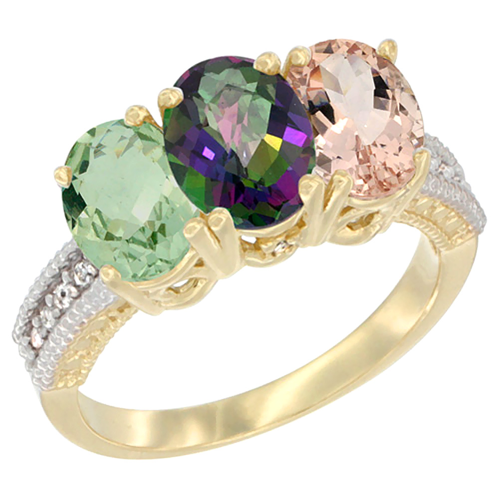 14K Yellow Gold Natural Green Amethyst, Mystic Topaz & Morganite Ring 3-Stone 7x5 mm Oval Diamond Accent, sizes 5 - 10