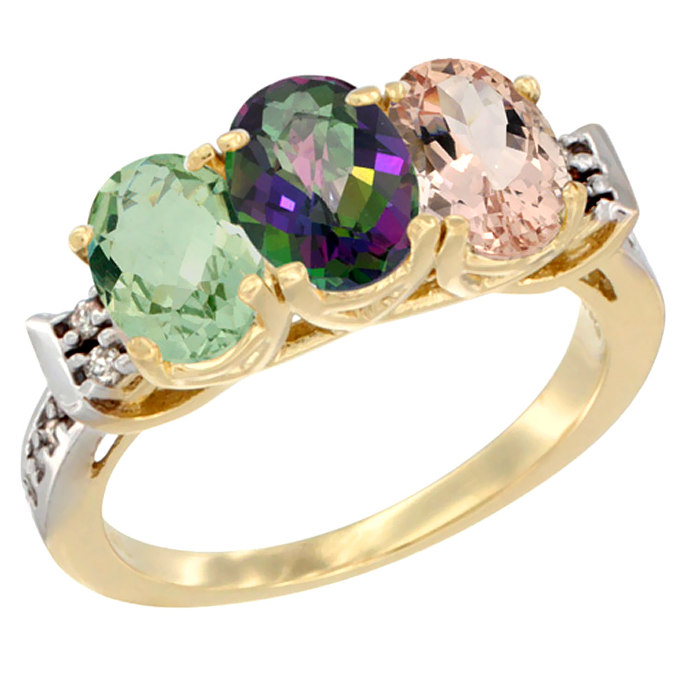 14K Yellow Gold Natural Green Amethyst, Mystic Topaz &amp; Morganite Ring 3-Stone 7x5 mm Oval Diamond Accent, sizes 5 - 10