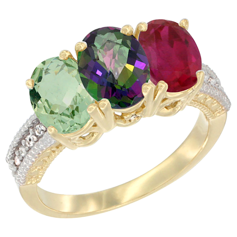 14K Yellow Gold Natural Green Amethyst, Mystic Topaz & Enhanced Ruby Ring 3-Stone 7x5 mm Oval Diamond Accent, sizes 5 - 10