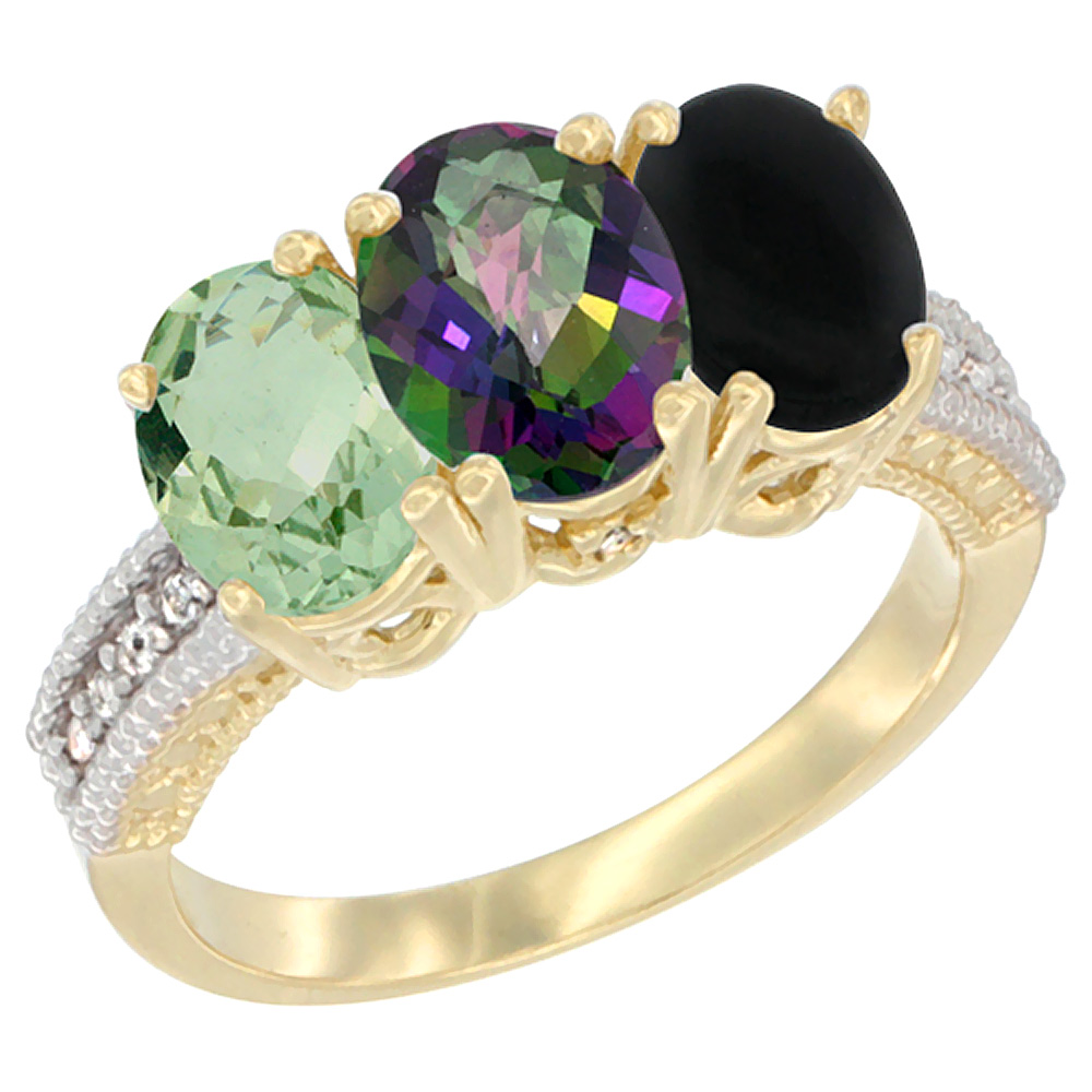 14K Yellow Gold Natural Green Amethyst, Mystic Topaz & Black Onyx Ring 3-Stone 7x5 mm Oval Diamond Accent, sizes 5 - 10