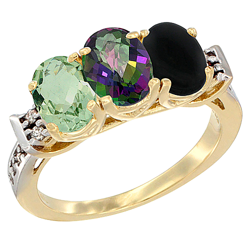 14K Yellow Gold Natural Green Amethyst, Mystic Topaz & Black Onyx Ring 3-Stone 7x5 mm Oval Diamond Accent, sizes 5 - 10