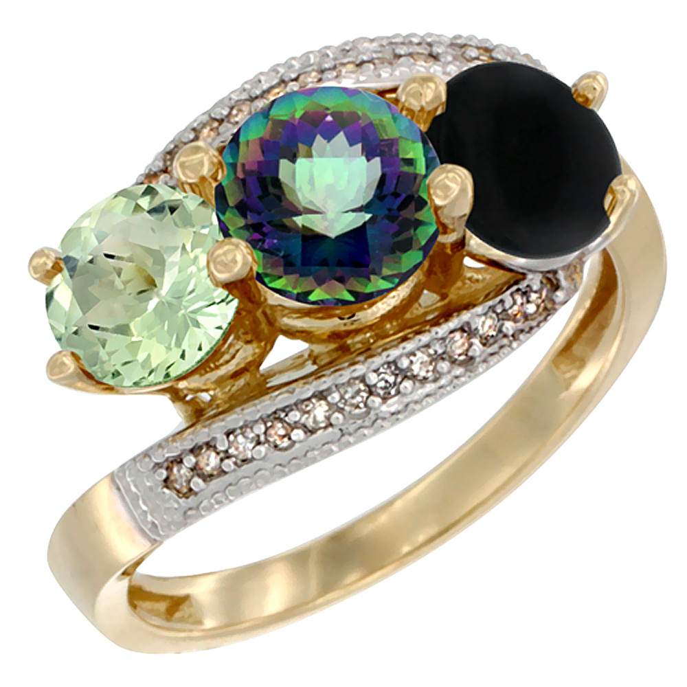 10K Yellow Gold Natural Green Amethyst, Mystic Topaz & Black Onyx 3 stone Ring Round 6mm Diamond Accent, sizes 5 - 10