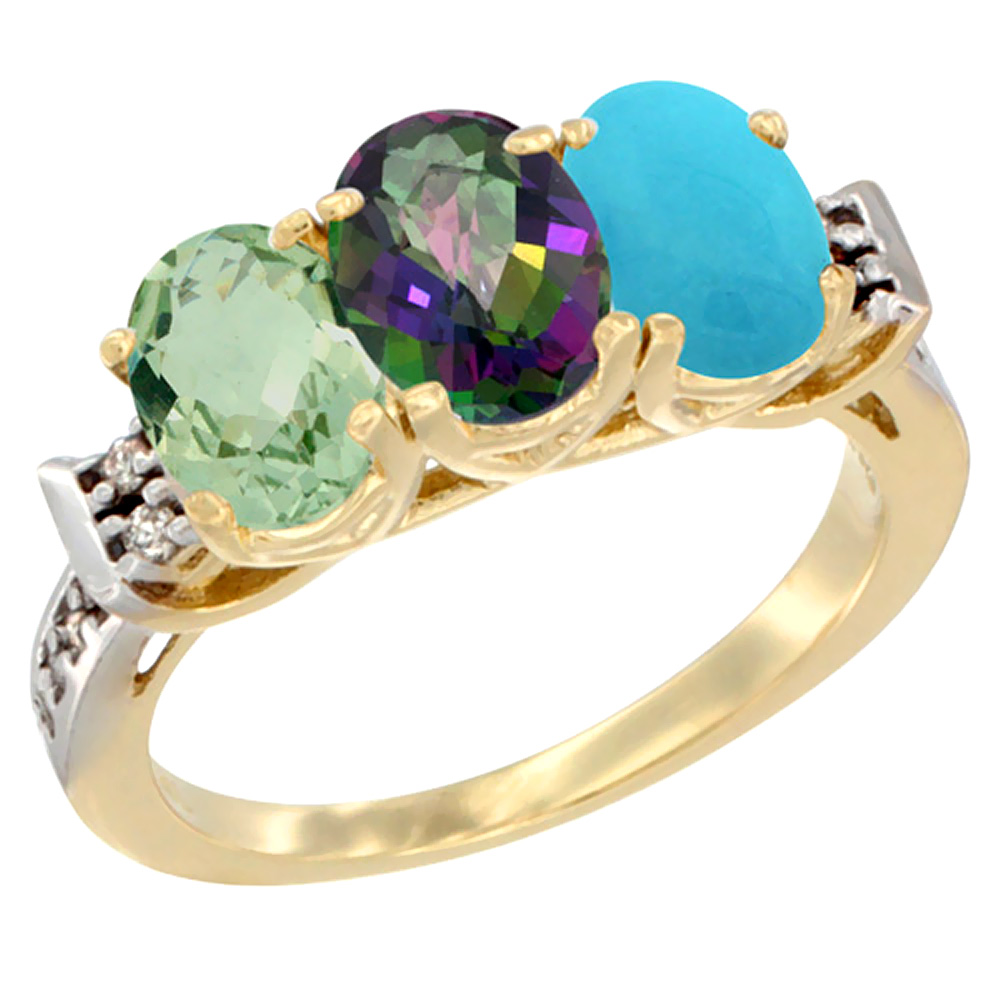 14K Yellow Gold Natural Green Amethyst, Mystic Topaz &amp; Turquoise Ring 3-Stone 7x5 mm Oval Diamond Accent, sizes 5 - 10