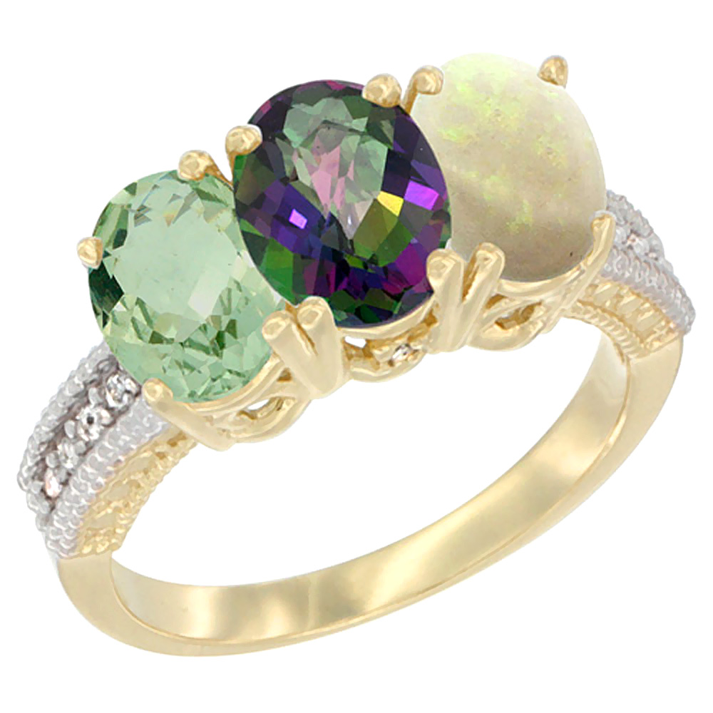 10K Yellow Gold Diamond Natural Green Amethyst, Mystic Topaz & Opal Ring 3-Stone Oval 7x5 mm, sizes 5 - 10