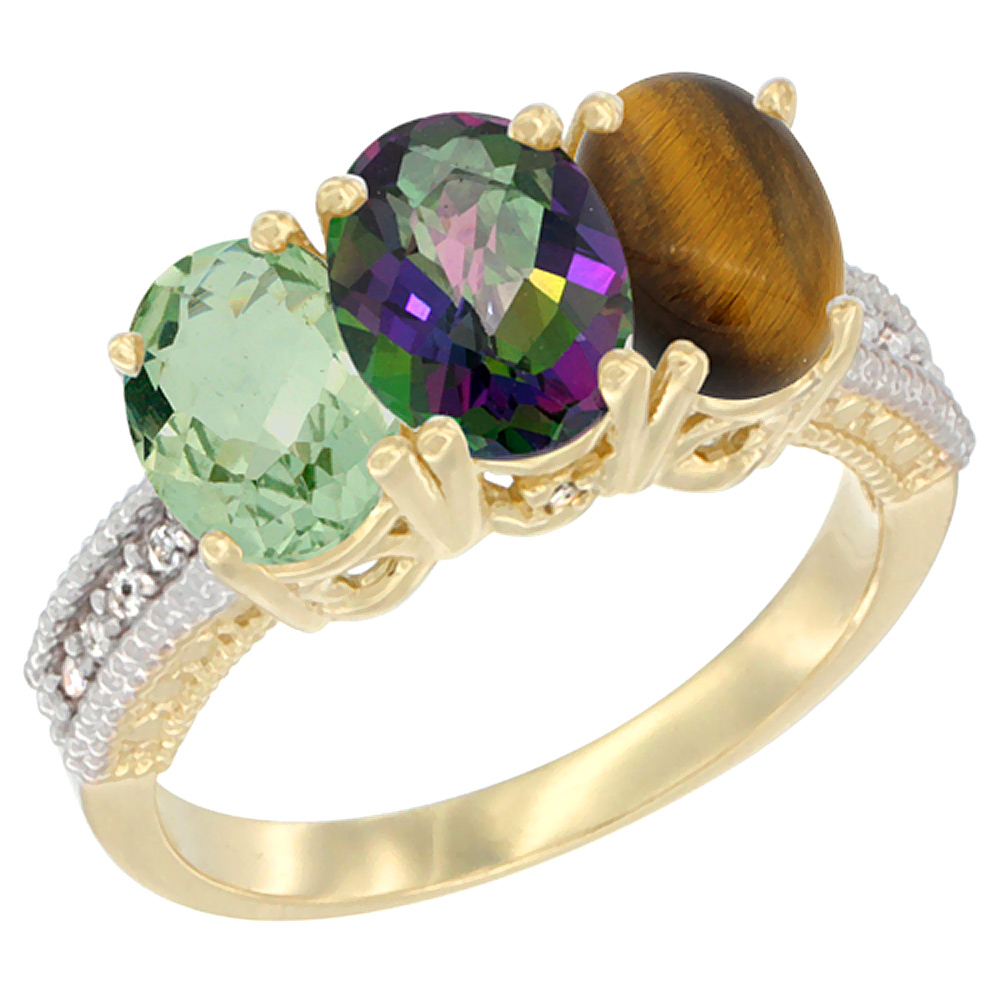 10K Yellow Gold Diamond Natural Green Amethyst, Mystic Topaz &amp; Tiger Eye Ring 3-Stone Oval 7x5 mm, sizes 5 - 10